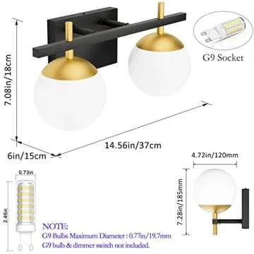 Ralbay Black Gold 2-Light Mid Century Modern Bathroom Vanity Light Fixture, Black/Golden Milky Glass Ball Wall Light for Bathroom (Exclude Bulb)