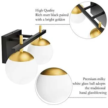 Ralbay Black Gold 2-Light Mid Century Modern Bathroom Vanity Light Fixture, Black/Golden Milky Glass Ball Wall Light for Bathroom (Exclude Bulb)