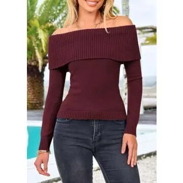 PRETTYGARDEN Women's Fall Off Shoulder Sweaters Y2K Long Sleeve Ribbed Knit Fitted Pullover Winter Date Night Tops Blouse (Wine Red,Large)