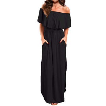 VERABENDI Women's Off Shoulder Summer Casual Long Ruffle Beach Maxi Dress with Pockets Black S