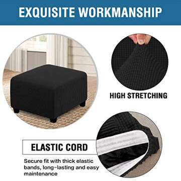 H.VERSAILTEX Square Ottoman Covers Ottoman Slipcovers Folding Storage Stool Furniture Protector Form Fit with Elastic Bottom, Stretch High Spandex Small Checks Jacquard Fabric(Medium,Black)