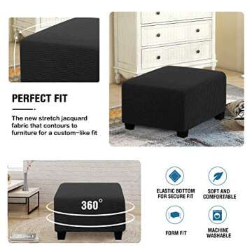 H.VERSAILTEX Square Ottoman Covers Ottoman Slipcovers Folding Storage Stool Furniture Protector Form Fit with Elastic Bottom, Stretch High Spandex Small Checks Jacquard Fabric(Medium,Black)