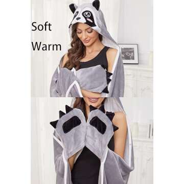 OUSIEDISIE Raccoon Wearable Hooded Blanket for Adults,Comfy Blanket Hoodie Cozy Cute Blanket Birthday Gifts for Women