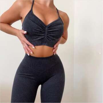 ABOCIW Workout Sets for Women 2 Piece Outfits Washed Seamless Ribbed Sweetheart Neckline Camisole Sport Bra Butt Lifting High Waist Leggings Sets Gym Yoga Clothes 02 Black Medium