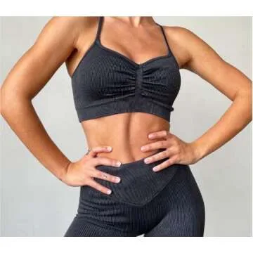 ABOCIW Workout Sets for Women 2 Piece Outfits Washed Seamless Ribbed Sweetheart Neckline Camisole Sport Bra Butt Lifting High Waist Leggings Sets Gym Yoga Clothes 02 Black Medium