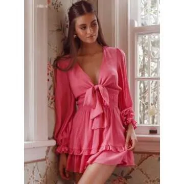 AlvaQ Dress for Women Long Sleeve Short Mini Dress Deep V Neck Ruffle Flowy Sundress Fashion 2025 Ro...