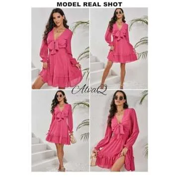 AlvaQ Dress for Women Long Sleeve Short Mini Dress Deep V Neck Ruffle Flowy Sundress Fashion 2025 Rose Large