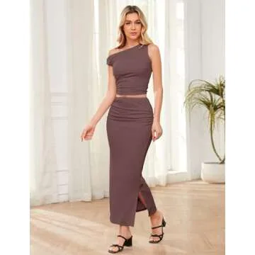 Livtany Women's Maxi Skirt Set Asymmetrical Neck Ruched Crop Top and High Waist Side Split Skirt Sexy Summer Two Piece Outfit Brown