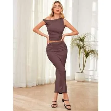 Livtany Women's Maxi Skirt Set Asymmetrical Neck Ruched Crop Top and High Waist Side Split Skirt Sexy Summer Two Piece Outfit Brown