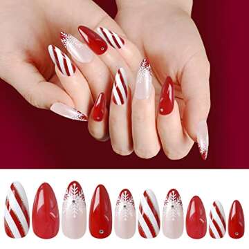 LADYING 24 PCS Christmas Nails with Rhinestones,Almond Press on Nails Short Red Luxury Fake False Nails with Glue,Christmas Gift Nails Gel Acrylic Nail Art Kit Stick Ons Manicure