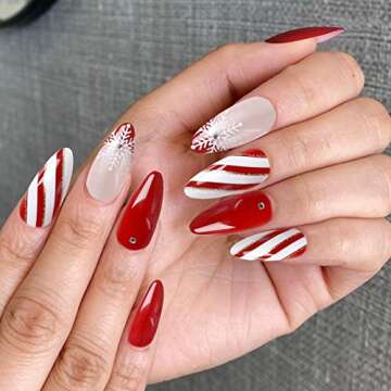 LADYING 24 PCS Christmas Nails with Rhinestones,Almond Press on Nails Short Red Luxury Fake False Nails with Glue,Christmas Gift Nails Gel Acrylic Nail Art Kit Stick Ons Manicure