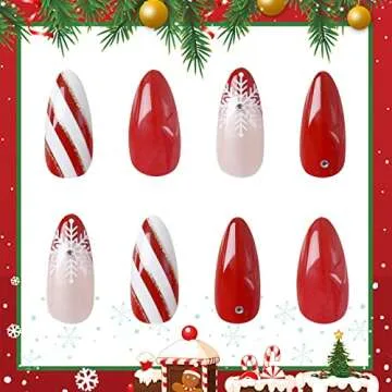LADYING 24 PCS Christmas Nails with Rhinestones,Almond Press on Nails Short Red Luxury Fake False Nails with Glue,Christmas Gift Nails Gel Acrylic Nail Art Kit Stick Ons Manicure