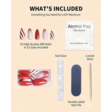 LADYING 24 PCS Christmas Nails with Rhinestones,Almond Press on Nails Short Red Luxury Fake False Nails with Glue,Christmas Gift Nails Gel Acrylic Nail Art Kit Stick Ons Manicure