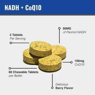 MAAC10 NADH + CoQ10 Supplement | Great Tasting Chewable Tablets | 50mg PANMOL® NADH + 100mg CoQ10 | for Fatigue, Energy and Mental Focus | NAD+ Supplement (60 Tablets 2 per Serving).