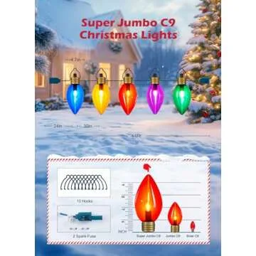 Minetom 2 Pack Super Jumbo Christmas String Lights or Pathway Marker Lights, Outdoor Xmas Decorations, 11Ft 5 LED Jumbo C9 Hanging Light Waterproof Lawn Dec for Holiday Home Tree Roof Yard, Multicolor