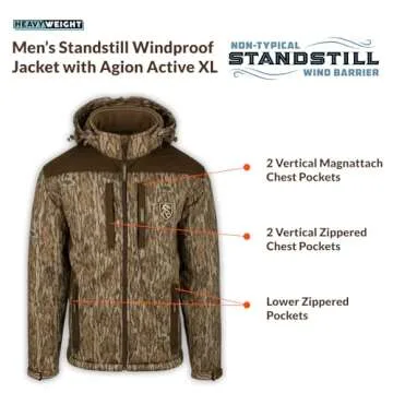 DRAKE Men's Non-Typical Standstill Windproof Agion Active XL Warm Fleece-Lined Quiet Durable Breathable Hooded Hunting Jacket, Mossy Oak Bottomland, Large