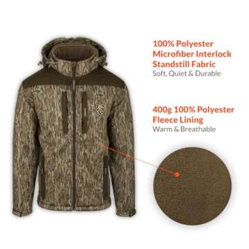 DRAKE Men's Non-Typical Standstill Windproof Agion Active XL Warm Fleece-Lined Quiet Durable Breathable Hooded Hunting Jacket, Mossy Oak Bottomland, Large