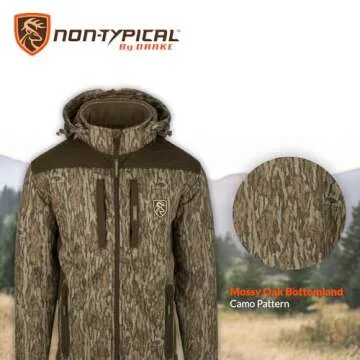 DRAKE Men's Non-Typical Standstill Windproof Agion Active XL Warm Fleece-Lined Quiet Durable Breathable Hooded Hunting Jacket, Mossy Oak Bottomland, Large