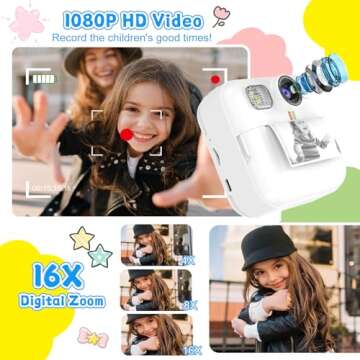 Instant Print Camera for Kids, 3-12 Year Old Girls Boys Gifts, 1080P Video Children Digital Camera with 32GB Card, Kids Christmas Birthday Gifts Toddler Photo Camera Toys for Age 3 4 5 6 7 8 9 White