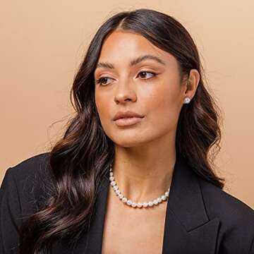 PAVOI Sterling Silver Round White Simulated Shell Pearl Necklace Strand | Pearl Choker Necklace | Jewelry for Women - 16" Length (8mm)