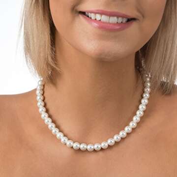 PAVOI Sterling Silver Round White Simulated Shell Pearl Necklace Strand | Pearl Choker Necklace | Jewelry for Women - 16" Length (8mm)