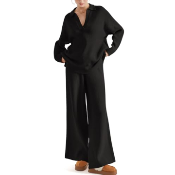 SUUKSESS Women 2 piece Fall outfits Long Sleeve Oversized Matching Lounge Set Waffle Knit Polo Sweater sets (Black,M)