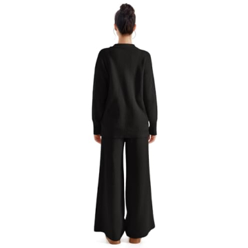 SUUKSESS Women 2 piece Fall outfits Long Sleeve Oversized Matching Lounge Set Waffle Knit Polo Sweater sets (Black,M)