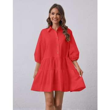 ICOBID Women's Cute Summer Babydoll Shirt Mini Dress Puff Sleeve Flowy Tunic Shirt Dress Button Down...