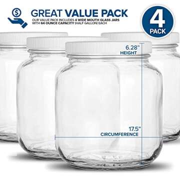 Stock Your Home 64 Oz Glass Jar with Plastic Airtight Lid (4 Pack) - Pickling, Food Storage, and Bre...