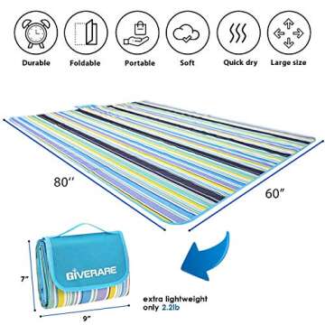 GIVERARE Picnic Beach Blanket, XL Sandfree Waterproof Outdoor Camping Blanket, Quick Drying Oxford Family Mat, Portable Extra Large Picnic Mat for Travel, Hiking, Music Festival, Lawn