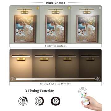 JUSHENG Battery Operated Picture Light with Remote and Timer, Wireless Art Light with Swing Arm, Rec...