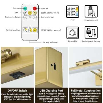 JUSHENG Battery Operated Picture Light with Remote and Timer, Wireless Art Light with Swing Arm, Rechargeable Gallery Lighting Display Light for Frame Artwork Canvas Portrait Brass 12.6'' Inch 2W