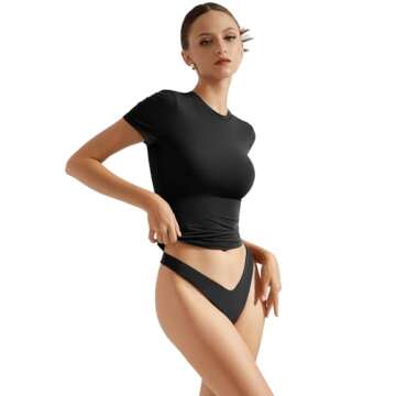 SUUKSESS Women Double Lined Fitted Basic Tee Shirts Crew Neck Short Sleeve Y2K Going Out Crop Tops (...