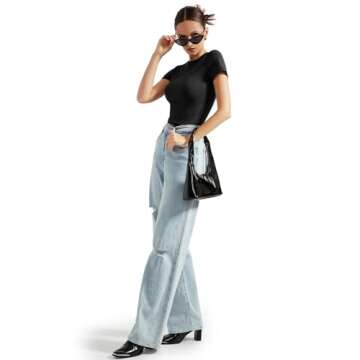 SUUKSESS Women Double Lined Fitted Basic Tee Shirts Crew Neck Short Sleeve Y2K Going Out Crop Tops (Jet Black, L)