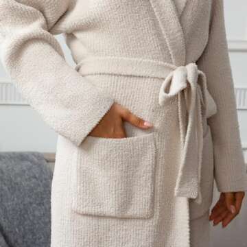 MH MYLUNE HOME Ultra Soft Robe with Pockets, Soft Spa Bathrobe Loungewear Calf-Length, Plush Robe for Women Fuzzy, Wrap Robe, Hooded Ribbed Taupe