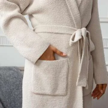 MH MYLUNE HOME Ultra Soft Robe with Pockets, Soft Spa Bathrobe Loungewear Calf-Length, Plush Robe for Women Fuzzy, Wrap Robe, Hooded Ribbed Taupe