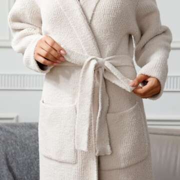 MH MYLUNE HOME Ultra Soft Robe with Pockets, Soft Spa Bathrobe Loungewear Calf-Length, Plush Robe for Women Fuzzy, Wrap Robe, Hooded Ribbed Taupe