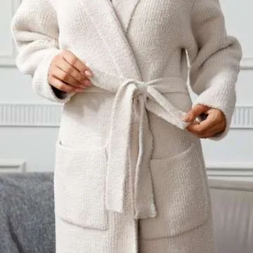 MH MYLUNE HOME Ultra Soft Robe with Pockets, Soft Spa Bathrobe Loungewear Calf-Length, Plush Robe for Women Fuzzy, Wrap Robe, Hooded Ribbed Taupe