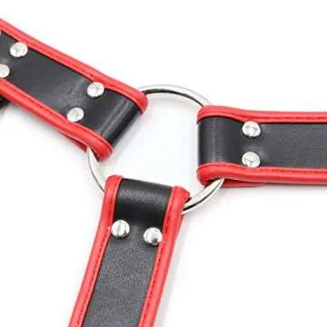 HOT TIME LOVER DREAM Men's Leather Body Chest Harness Belt with Double-Shoulder Cage Belt Adjustable Red (Black/Red)