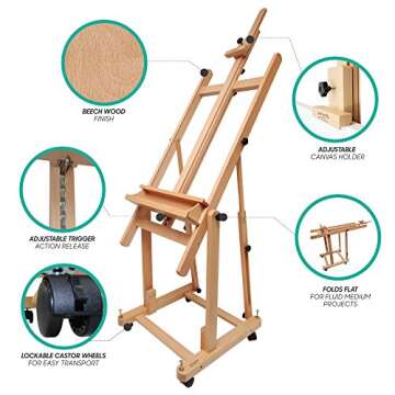Mont Marte Tilting Studio Wooden Floor Easel. Height Adjustable Extra Large H-Frame Featuring a Large Tilt Range. Castor Wheels Allow Easy Movement and Can Be Locked into Place.