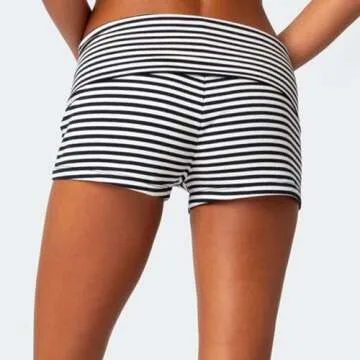 VILAGRAH Women Fold Over Shorts Wide Waistband Rollover Yoga Shorts Y2K Low Rise Booty Shorts（Slim Striped ，Small）