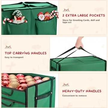 Mrrihand Christmas Ornament Storage Box, Christmas Storage Containers with 8 Individual Trays, Keeps 128 Holiday Ornaments 3-Inch, Dual Zipper, Adjustable Dividers, 600D Tear-Resistant Oxford(Green)