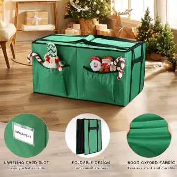 Mrrihand Christmas Ornament Storage Box, Christmas Storage Containers with 8 Individual Trays, Keeps 128 Holiday Ornaments 3-Inch, Dual Zipper, Adjustable Dividers, 600D Tear-Resistant Oxford(Green)