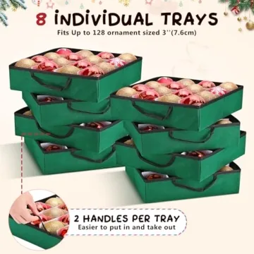 Mrrihand Christmas Ornament Storage Box, Christmas Storage Containers with 8 Individual Trays, Keeps 128 Holiday Ornaments 3-Inch, Dual Zipper, Adjustable Dividers, 600D Tear-Resistant Oxford(Green)