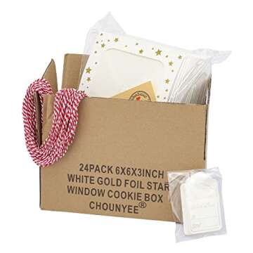 CHOUNYEE 24 Pack 6X6X3 Christmas Cookie Boxes for Gift Giving Gold Foil Star White Bakery Boxes with...
