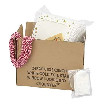 CHOUNYEE 24 Pack 6X6X3 Christmas Cookie Boxes for Gift Giving Gold Foil Star White Bakery Boxes with...