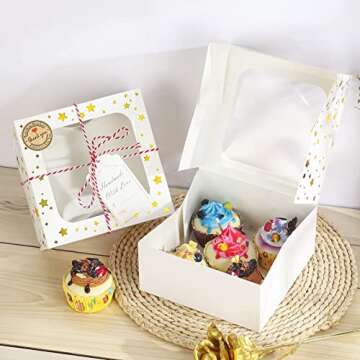 CHOUNYEE 24 Pack 6X6X3 Christmas Cookie Boxes for Gift Giving Gold Foil Star White Bakery Boxes with Window 6 Inch Small Treat Boxes for Mini Cake Pastry Dessert Cupcakes Candy Donut Packaging