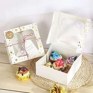 CHOUNYEE 24 Pack 6X6X3 Christmas Cookie Boxes for Gift Giving Gold Foil Star White Bakery Boxes with Window 6 Inch Small Treat Boxes for Mini Cake Pastry Dessert Cupcakes Candy Donut Packaging