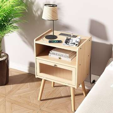 Mid Century Modern Nightstand with Charging Station, Bedside Tables with Glass Door, End Table Side ...