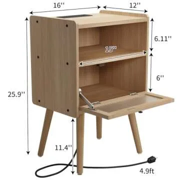 Mid Century Modern Nightstand with Charging Station, Bedside Tables with Glass Door, End Table Side Table with 2 Tiers Storage Space, for Bedroom, Living Room, Natural